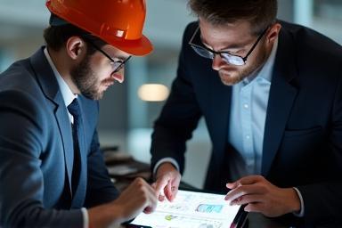 Two people discussing industrial plans on a tablet