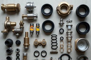 Array of industrial spare parts neatly organized